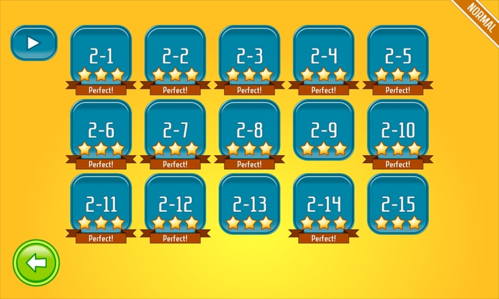 15 blue buttons in three rows of five are shown on a yellow background, each representing a different level. They are labelled foe example '2-5'