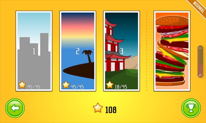 Four big vertical buttons fill a yellow screen each one a different location we can visit.