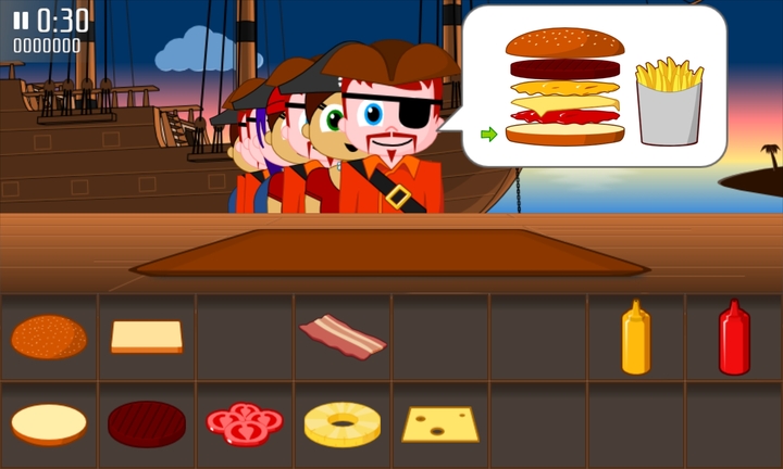 A queue of pirates stand in front of us, the first one asking for a layered burger and fries. We stand behind a tray ready to compose an order. At the bottom of the screen we can choose from ingredients such as buns, patties, cheese and sauces.