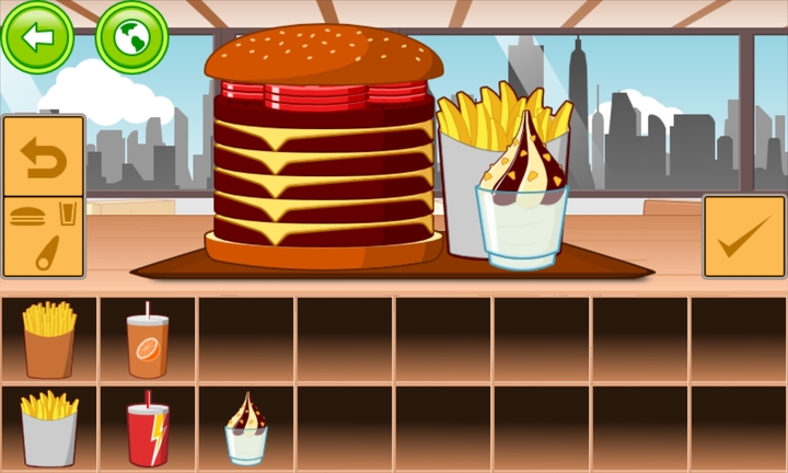 On the counter is an impossibly big burger with 6 patties and cheese accompanied by fries and an ice cream.