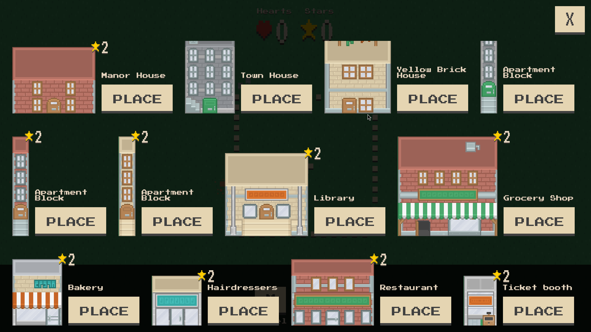 We see buildings arranged over three rows, 4 in each row. Each building has a button next to it marked 'PLACE'.