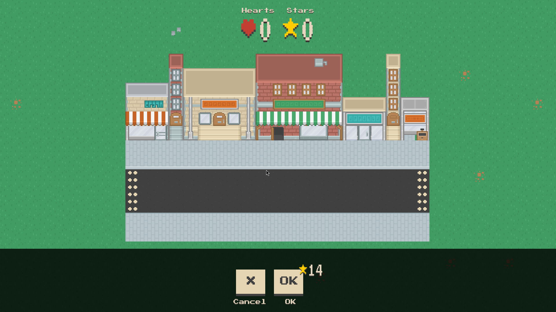 Screen grab showing a pixel-art style road with buildings along the top of it. At the bottom are OK and Cancel buttons, the OK button has '14\*' overlaid on it.