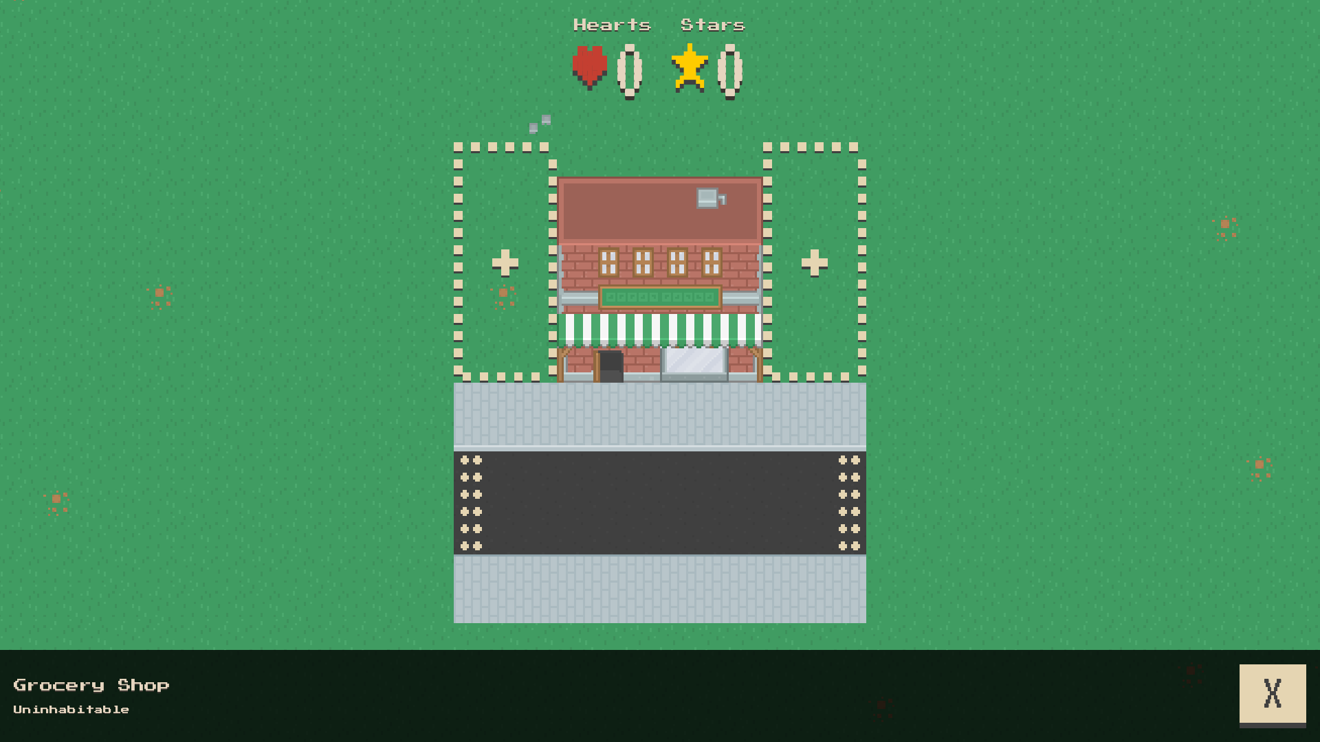 Screen grab showing a pixel-art style road on grass with a single building sitting above it. At the bottom is a dark banner with 'Grocery Shop' on one line and 'Uninhabitable' underneath. On the far right is a button with an 'X' in it.